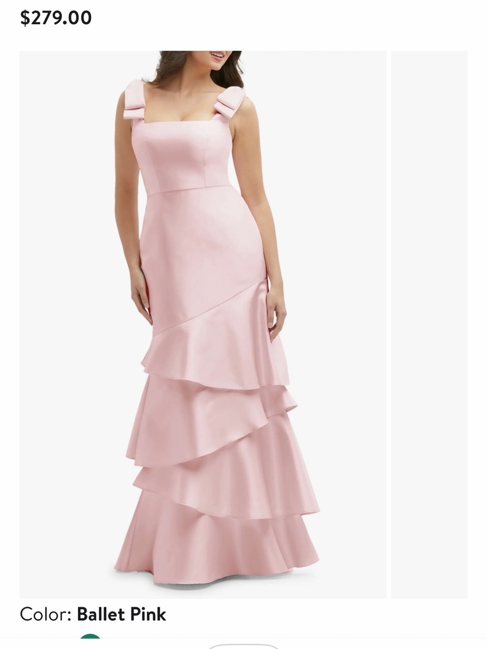 Dessy Collection Ballet Pink Bow-Shoulder Tiered Maxi Gown